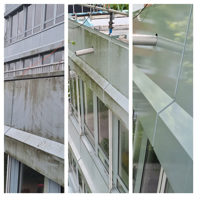 Vorher-Nachher: Reinigung einer hellen Fassade