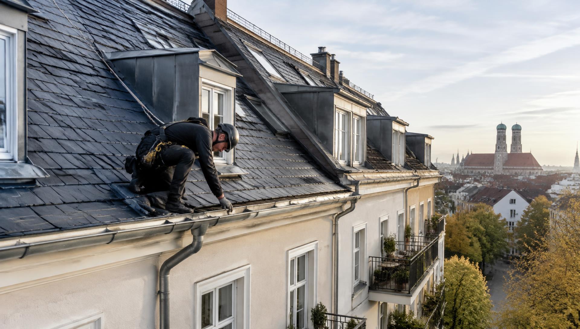 Gesicherter Handwerker inspiziert ein Schieferdach